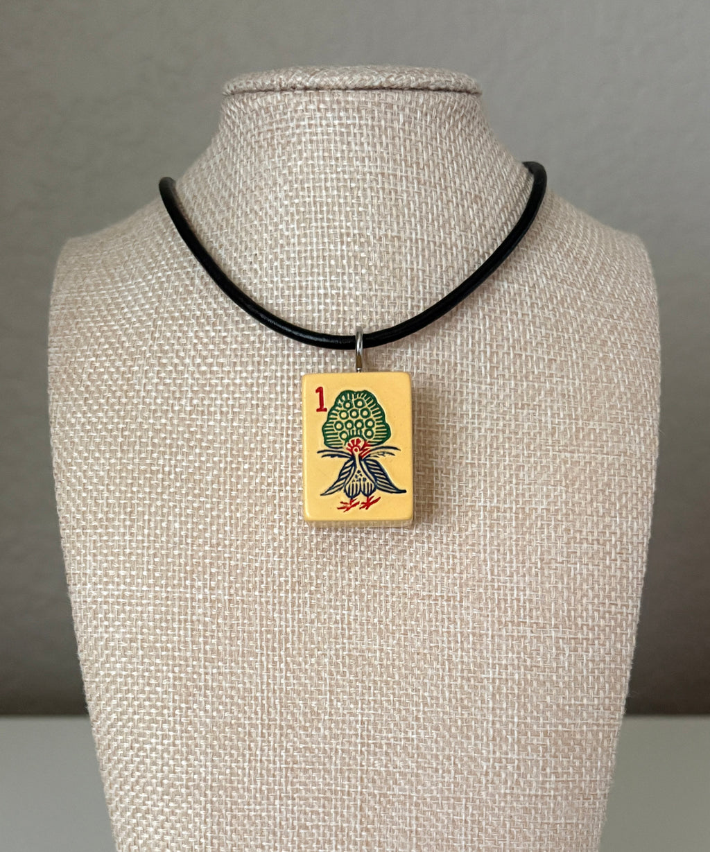 Series 11: Necklace from 1930s-1940s Vintage Mahjong Tile, One Bam or Birdie, Number 19 of 144