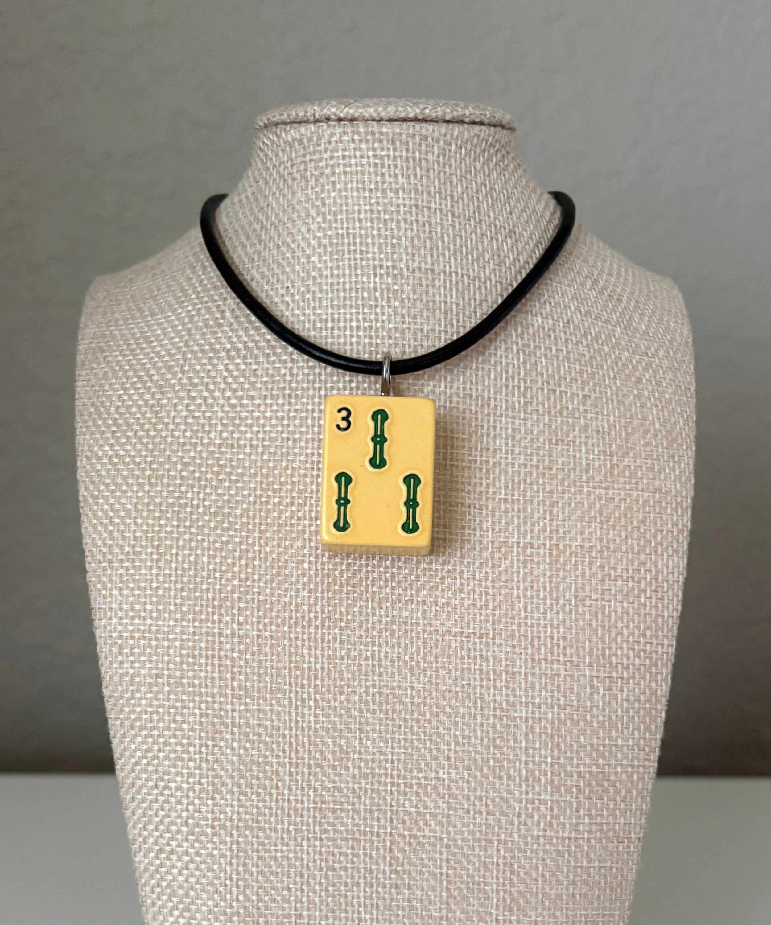 Series 11: Necklace from 1930s-1940s Vintage Mahjong Tile, Three Bam, Number 21 of 144