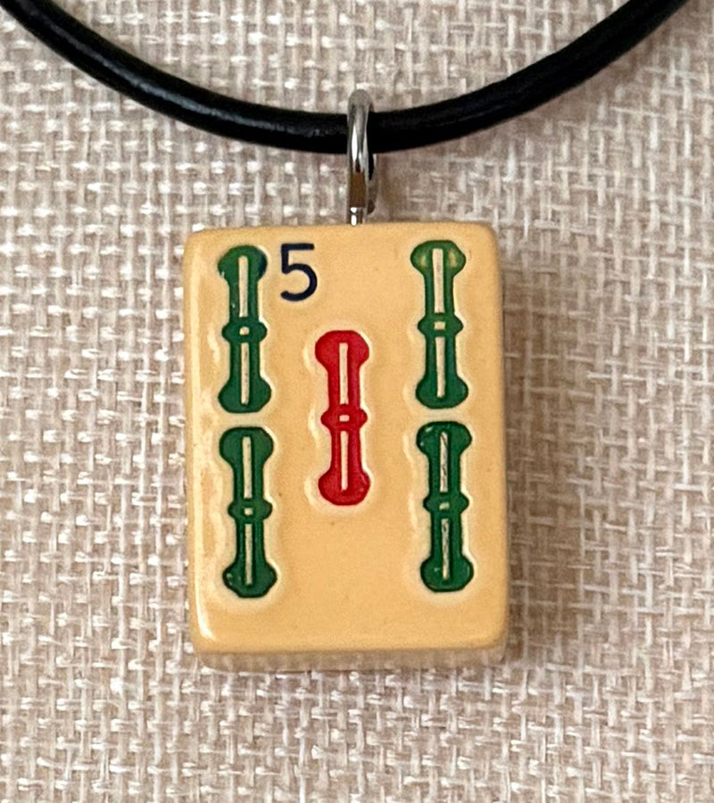 Series 11: Necklace from 1930s-1940s Vintage Mahjong Tile, Five Bam, Number 23 of 144