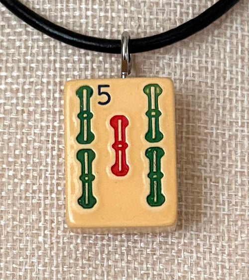 Series 11: Necklace from 1930s-1940s Vintage Mahjong Tile, Five Bam, Number 23 of 144