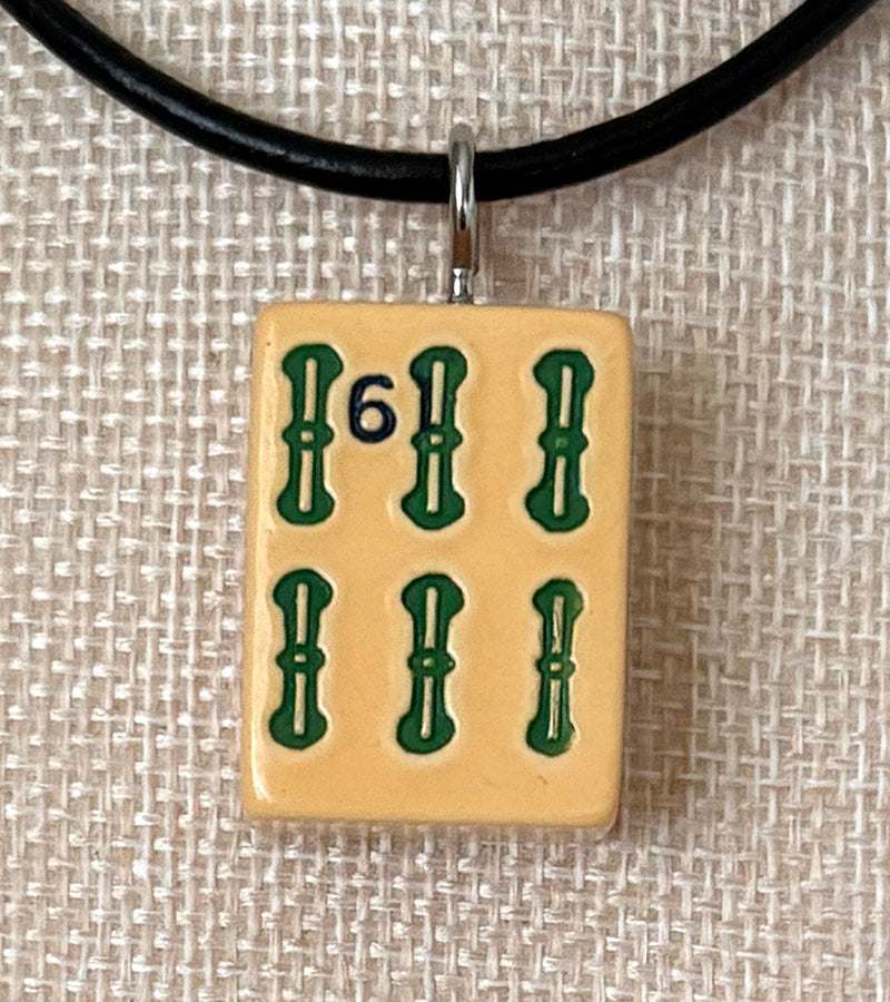 Series 11: Necklace from 1930s-1940s Vintage Mahjong Tile, Six Bam, Number 24 of 144