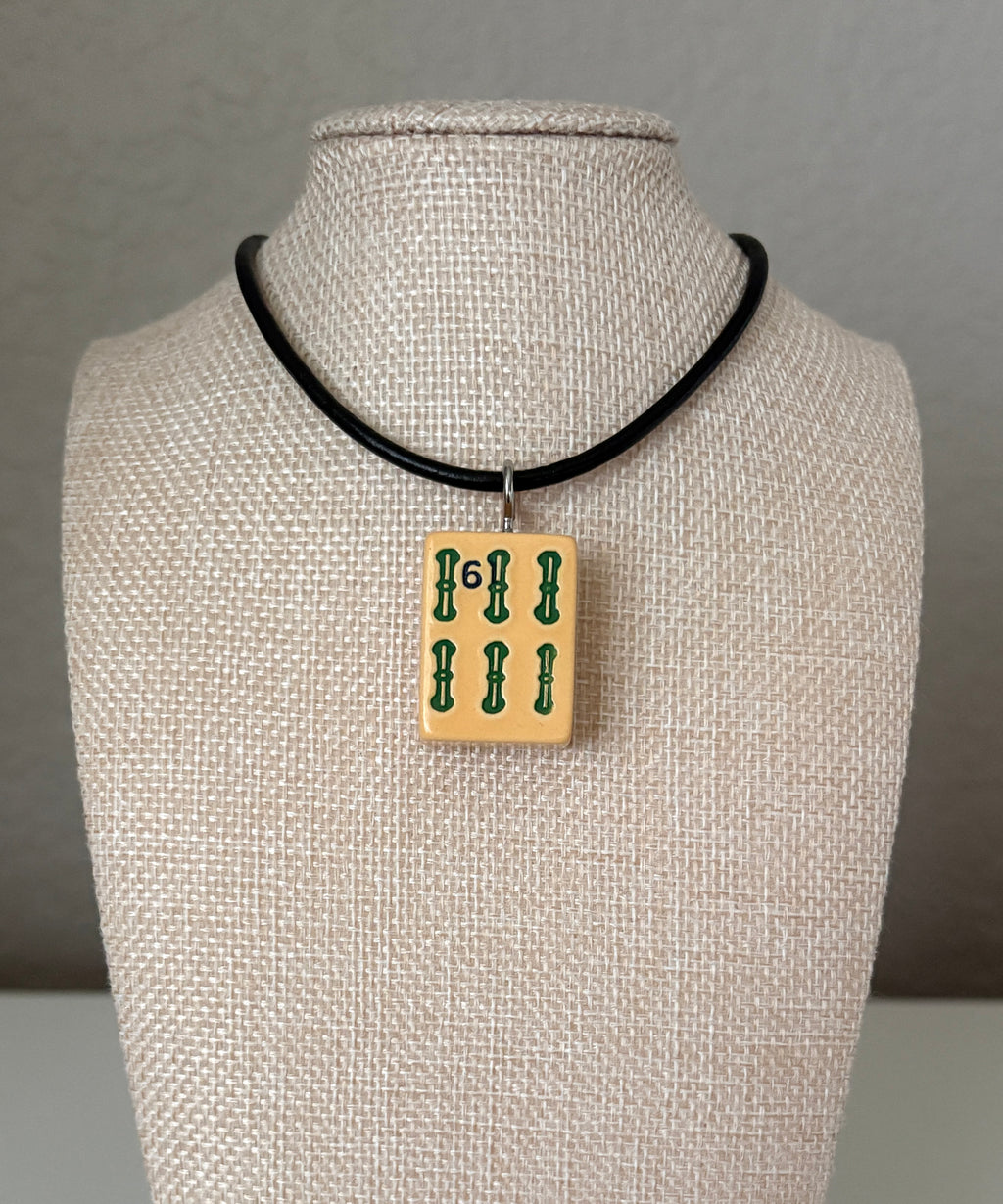 Series 11: Necklace from 1930s-1940s Vintage Mahjong Tile, Six Bam, Number 24 of 144