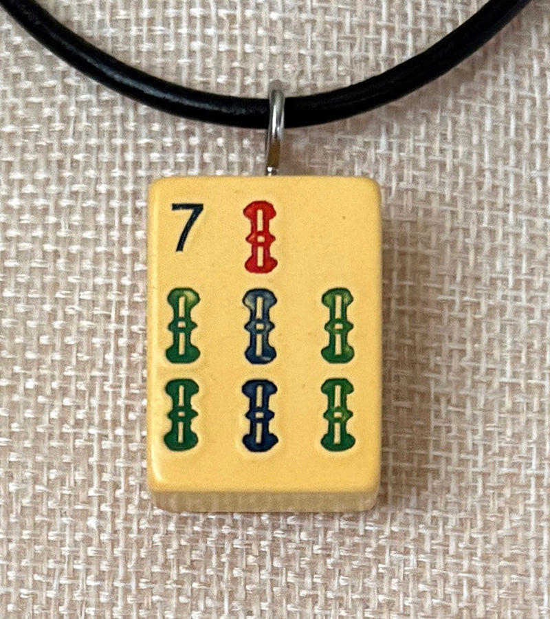Series 11: Necklace from 1930s-1940s Vintage Mahjong Tile, Seven Bam, Number 25 of 144