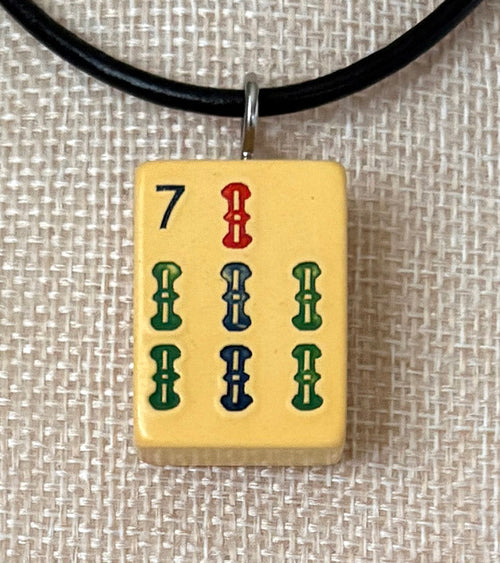 Series 11: Necklace from 1930s-1940s Vintage Mahjong Tile, Seven Bam, Number 25 of 144