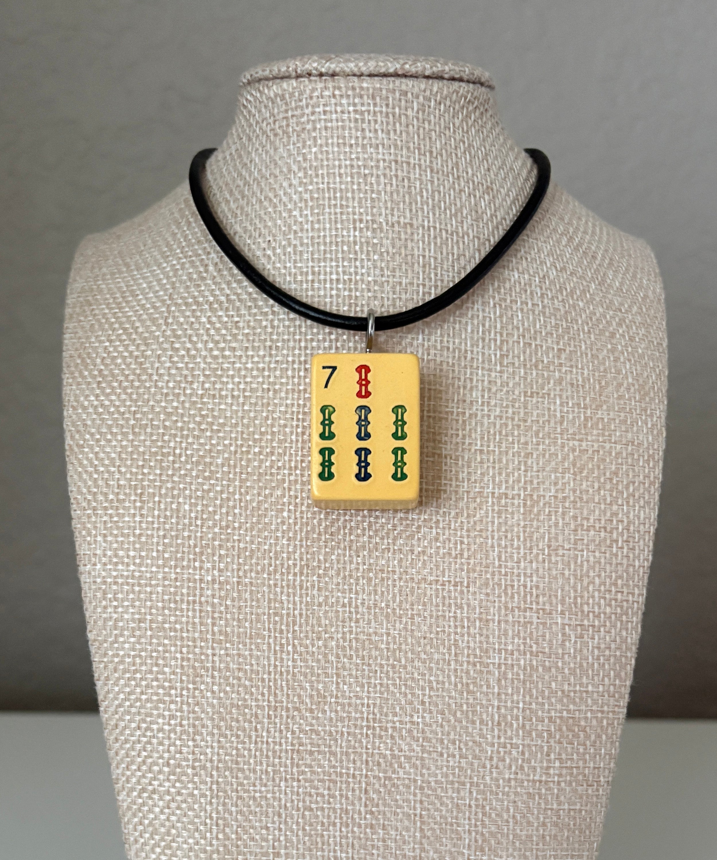 Series 11: Necklace from 1930s-1940s Vintage Mahjong Tile, Seven Bam, Number 25 of 144