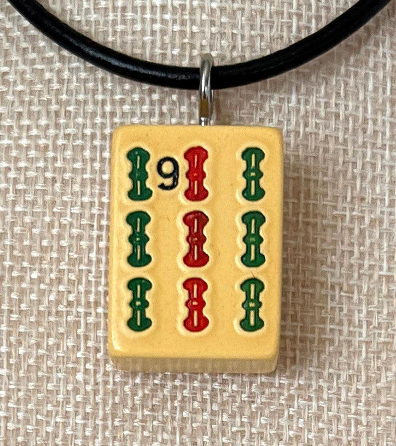 Series 11: Necklace from 1930s-1940s Vintage Mahjong Tile, Nine Bam, Number 27 of 144