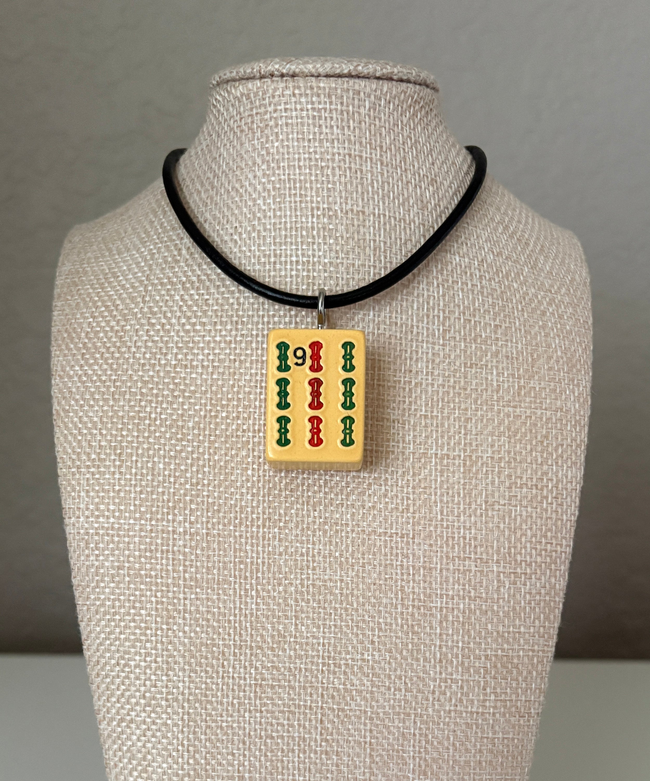 Series 11: Necklace from 1930s-1940s Vintage Mahjong Tile, Nine Bam, Number 27 of 144