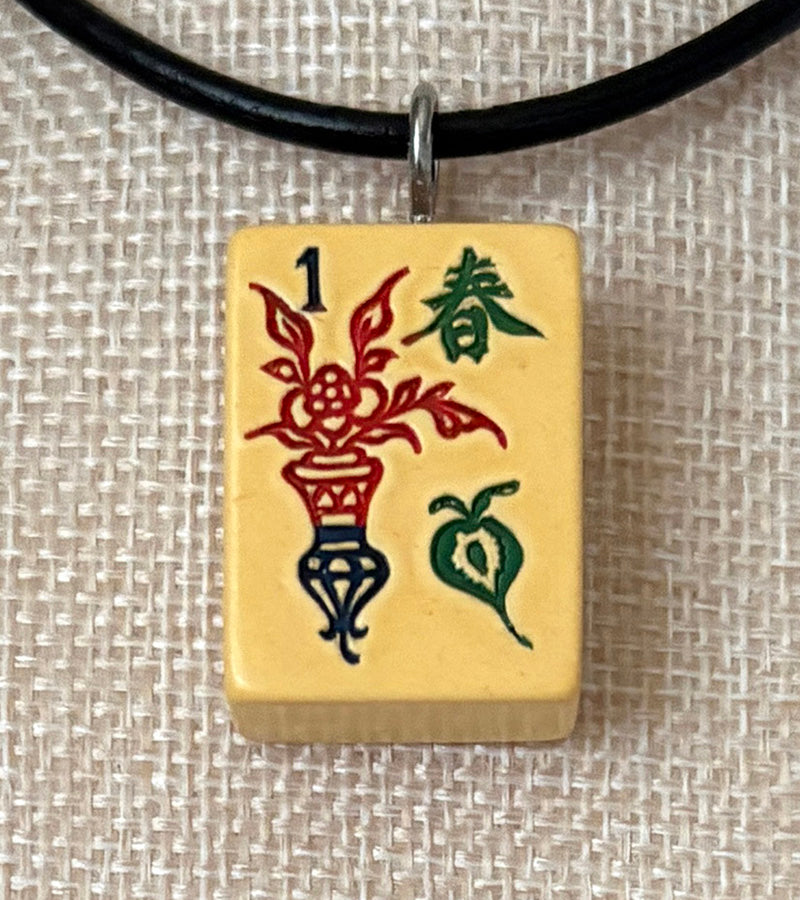 Series 11: Necklace from 1930s-1940s Vintage Mahjong Tile, Flower - Spring, Number 28 of 144