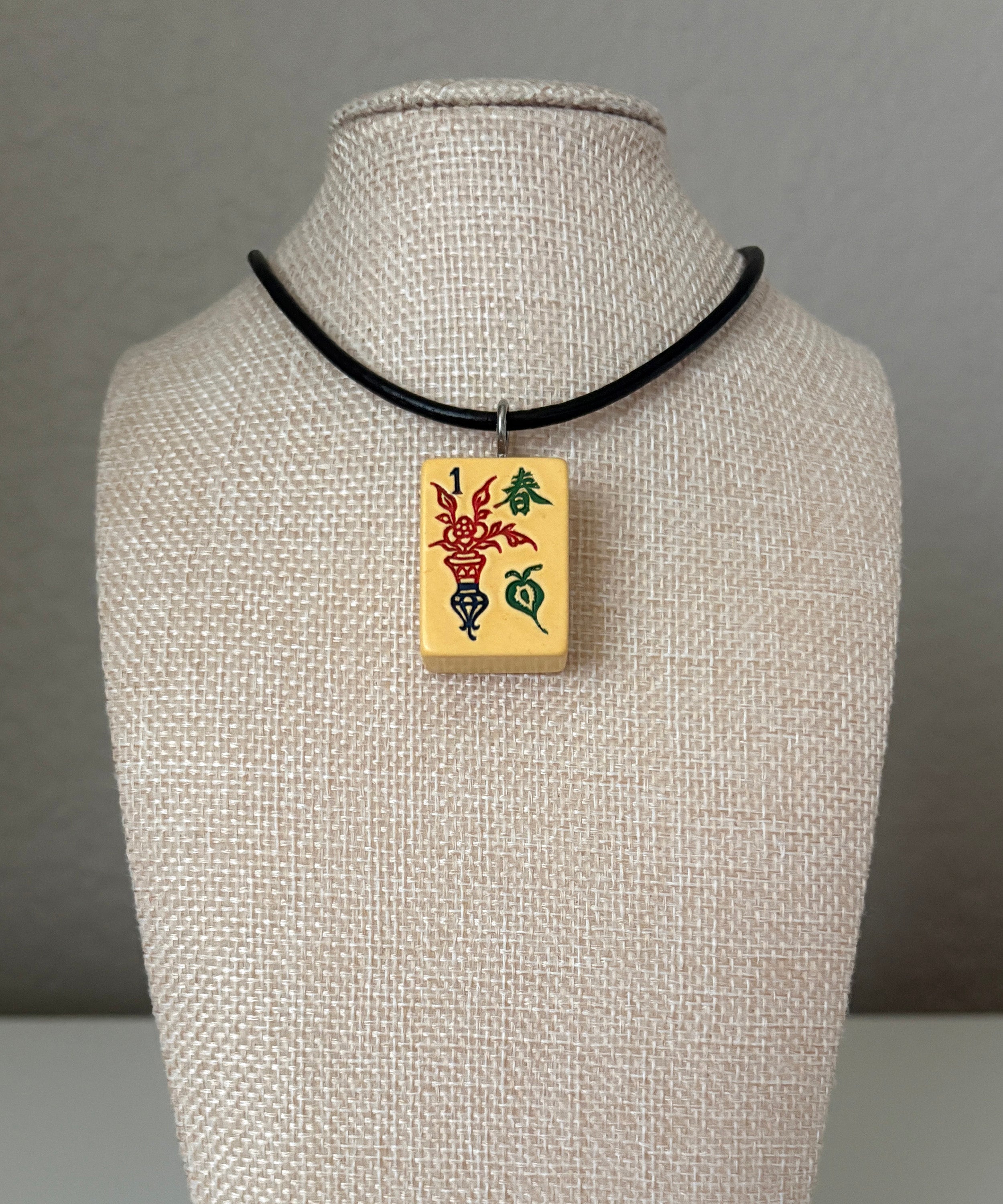 Series 11: Necklace from 1930s-1940s Vintage Mahjong Tile, Flower - Spring, Number 28 of 144