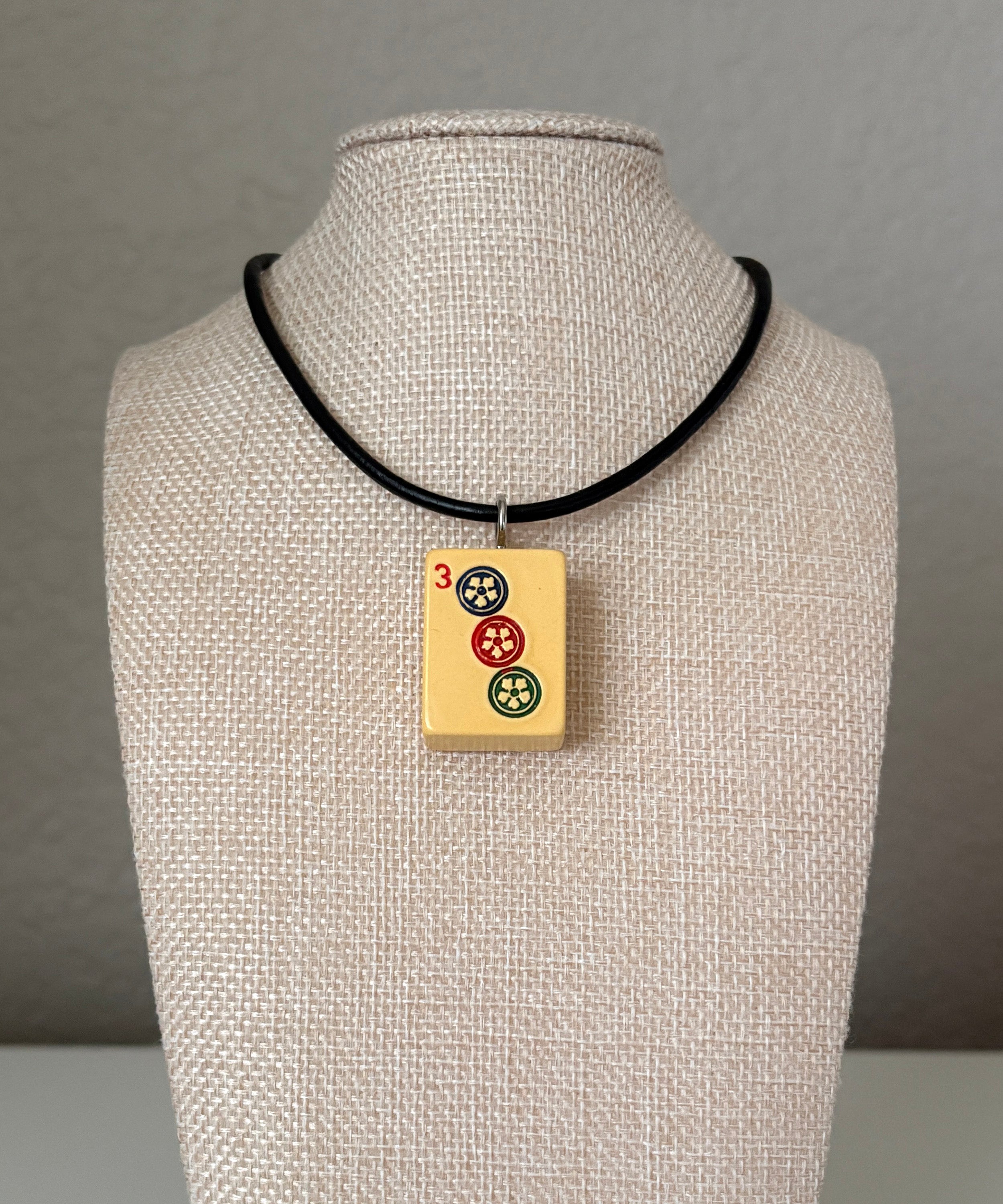 Series 11: Necklace from 1930s-1940s Vintage Mahjong Tile, Three Dot, Number 3 of 144