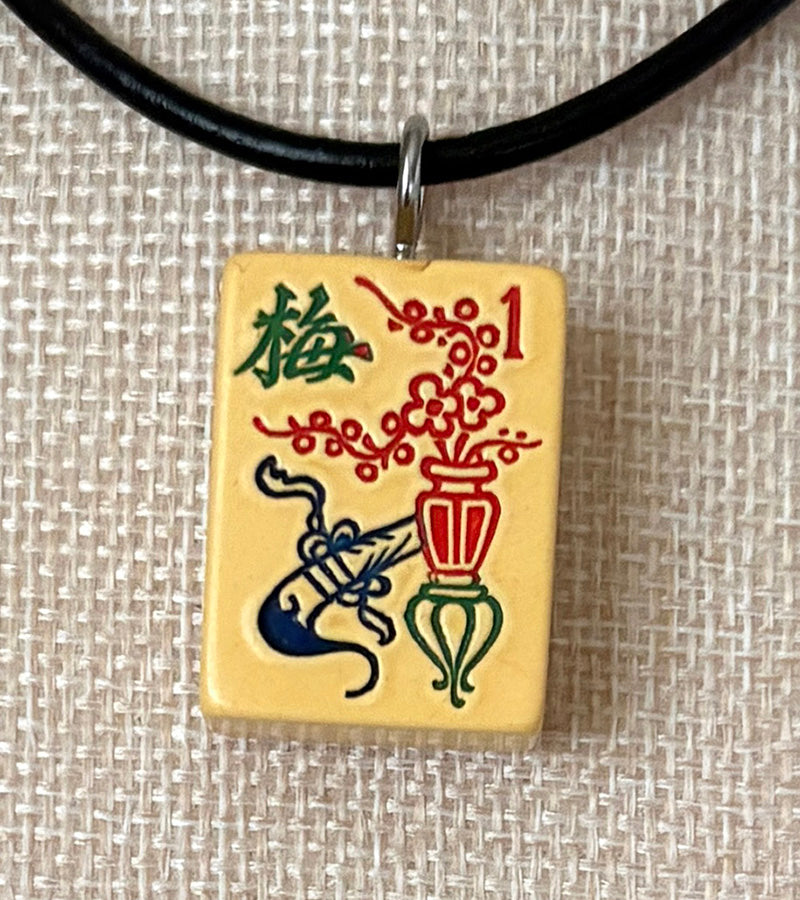 Series 11: Necklace from 1930s-1940s Vintage Mahjong Tile, Flower - Plum, Number 32 of 144