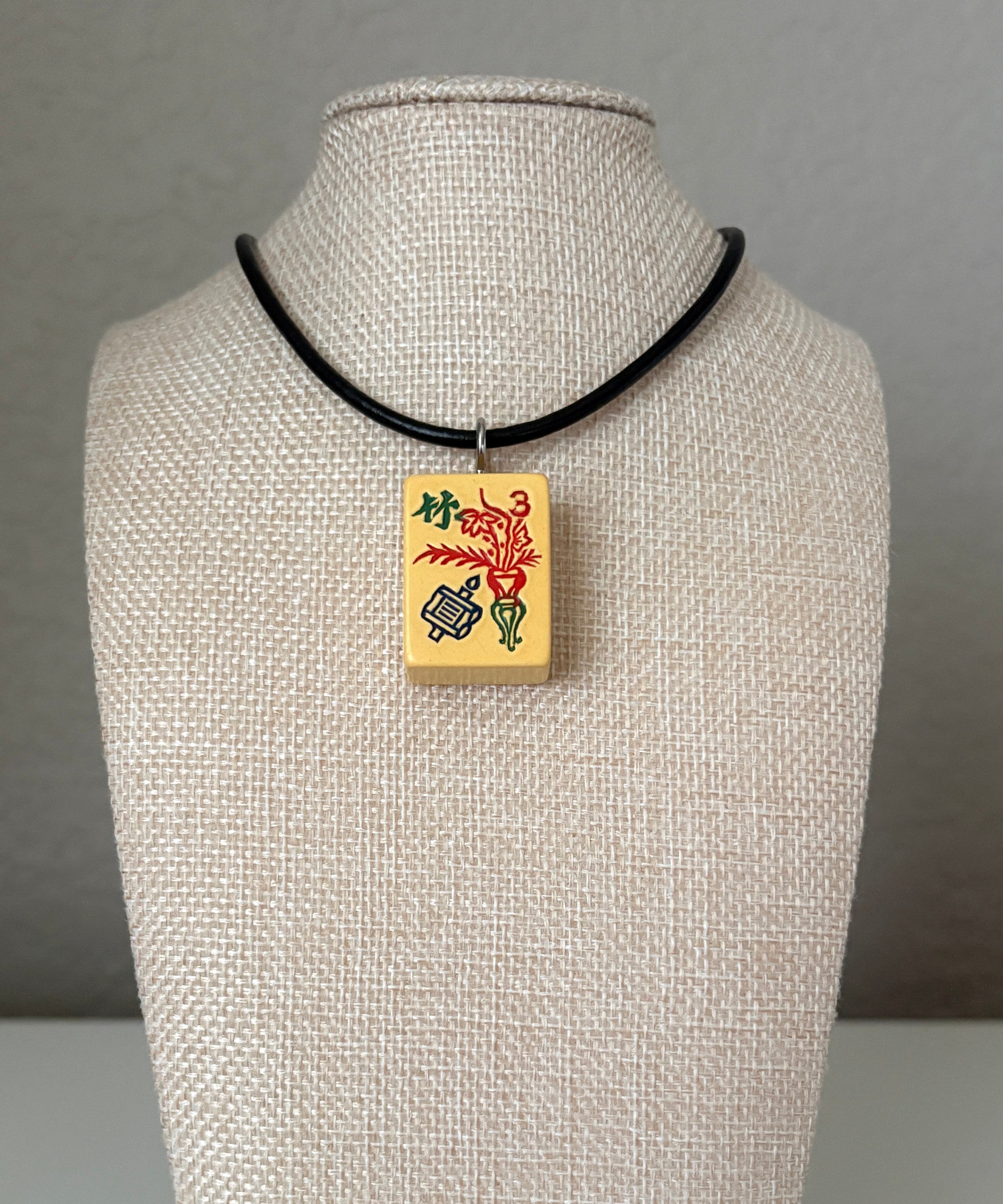 Series 11: Necklace from 1930s-1940s Vintage Mahjong Tile, Flower - Bamboo, Number 33 of 144