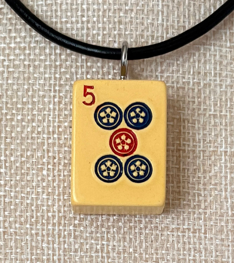 Series 11: Necklace from 1930s-1940s Vintage Mahjong Tile, Five Dot, Number 5 of 144