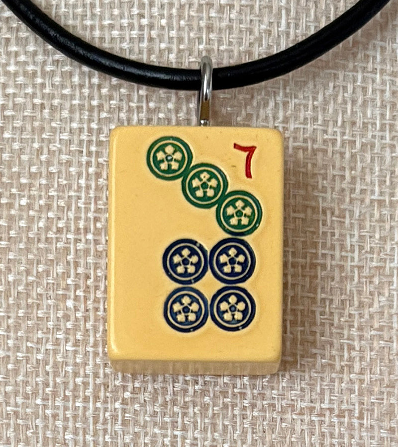 Series 11: Necklace from 1930s-1940s Vintage Mahjong Tile, Seven Dot, Number 7 of 144