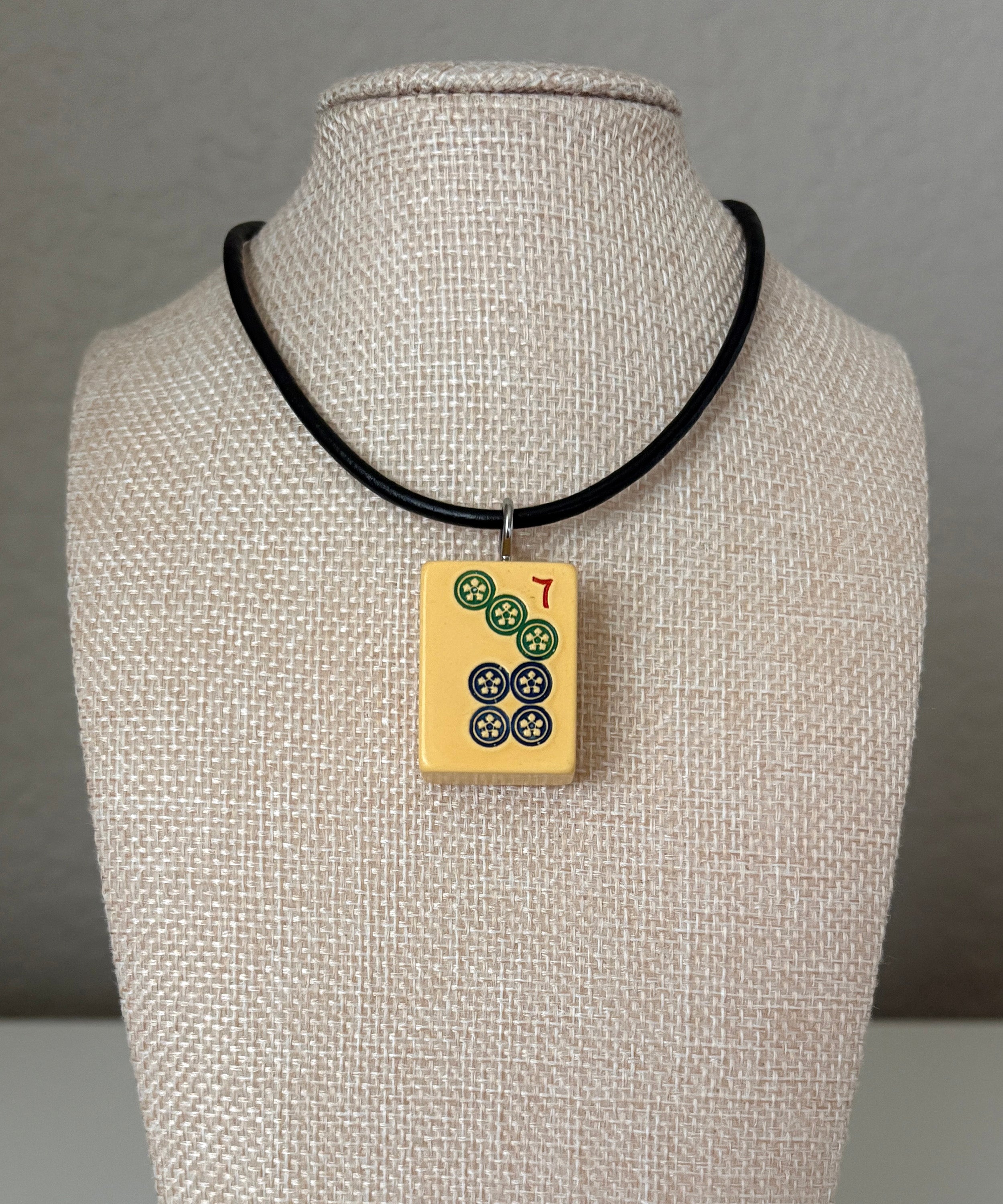 Series 11: Necklace from 1930s-1940s Vintage Mahjong Tile, Seven Dot, Number 7 of 144