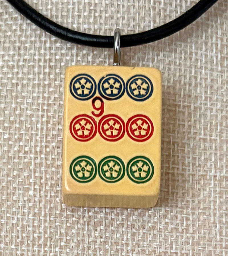 Series 11: Necklace from 1930s-1940s Vintage Mahjong Tile, Nine Dot, Number 9 of 144
