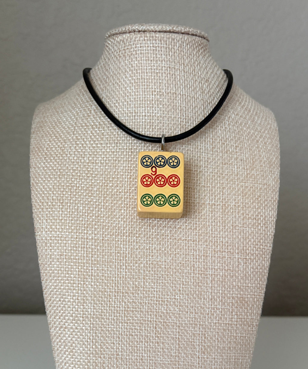Series 11: Necklace from 1930s-1940s Vintage Mahjong Tile, Nine Dot, Number 9 of 144