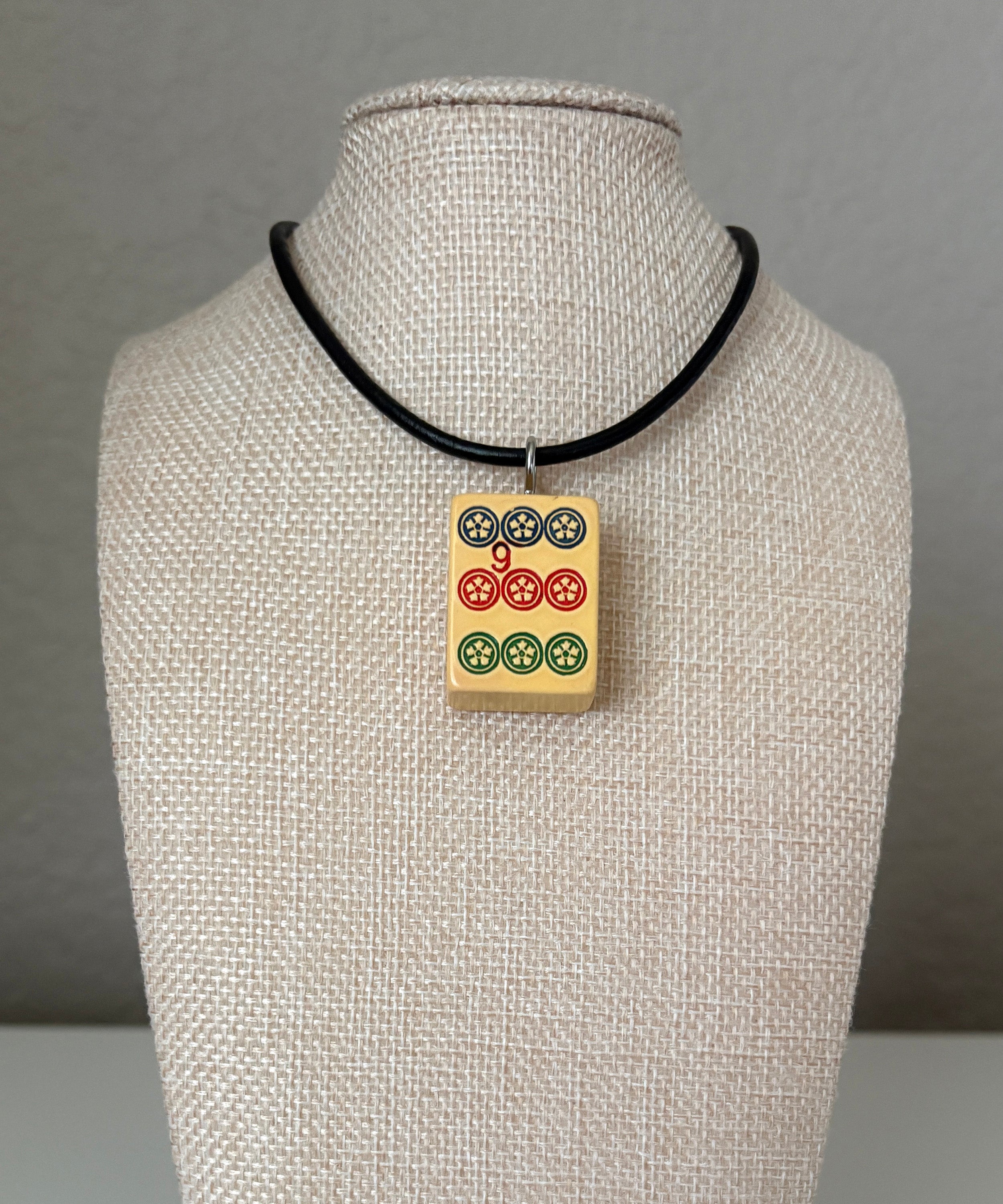 Series 11: Necklace from 1930s-1940s Vintage Mahjong Tile, Nine Dot, Number 9 of 144
