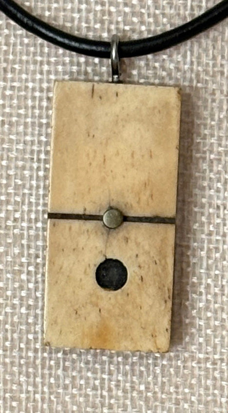 Series 10: Antique Domino as Pendant Necklace - Leather Cord, Sterling Silver Clasp