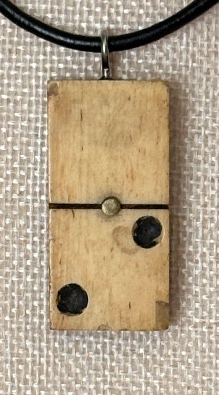 Series 10: Antique Domino as Pendant Necklace - Leather Cord, Sterling Silver Clasp