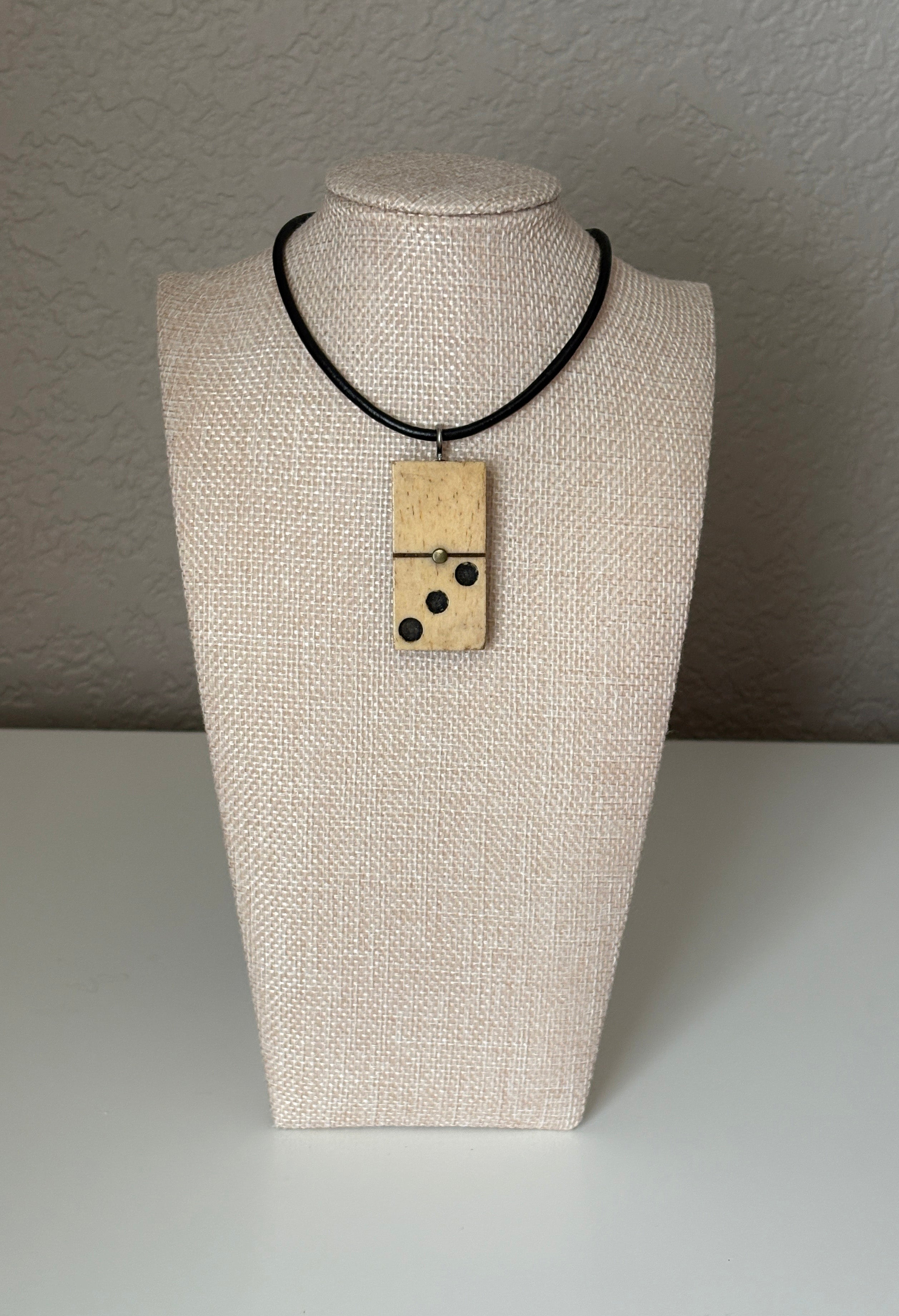 Series 10: Antique Domino as Pendant Necklace - Leather Cord, Sterling Silver Clasp