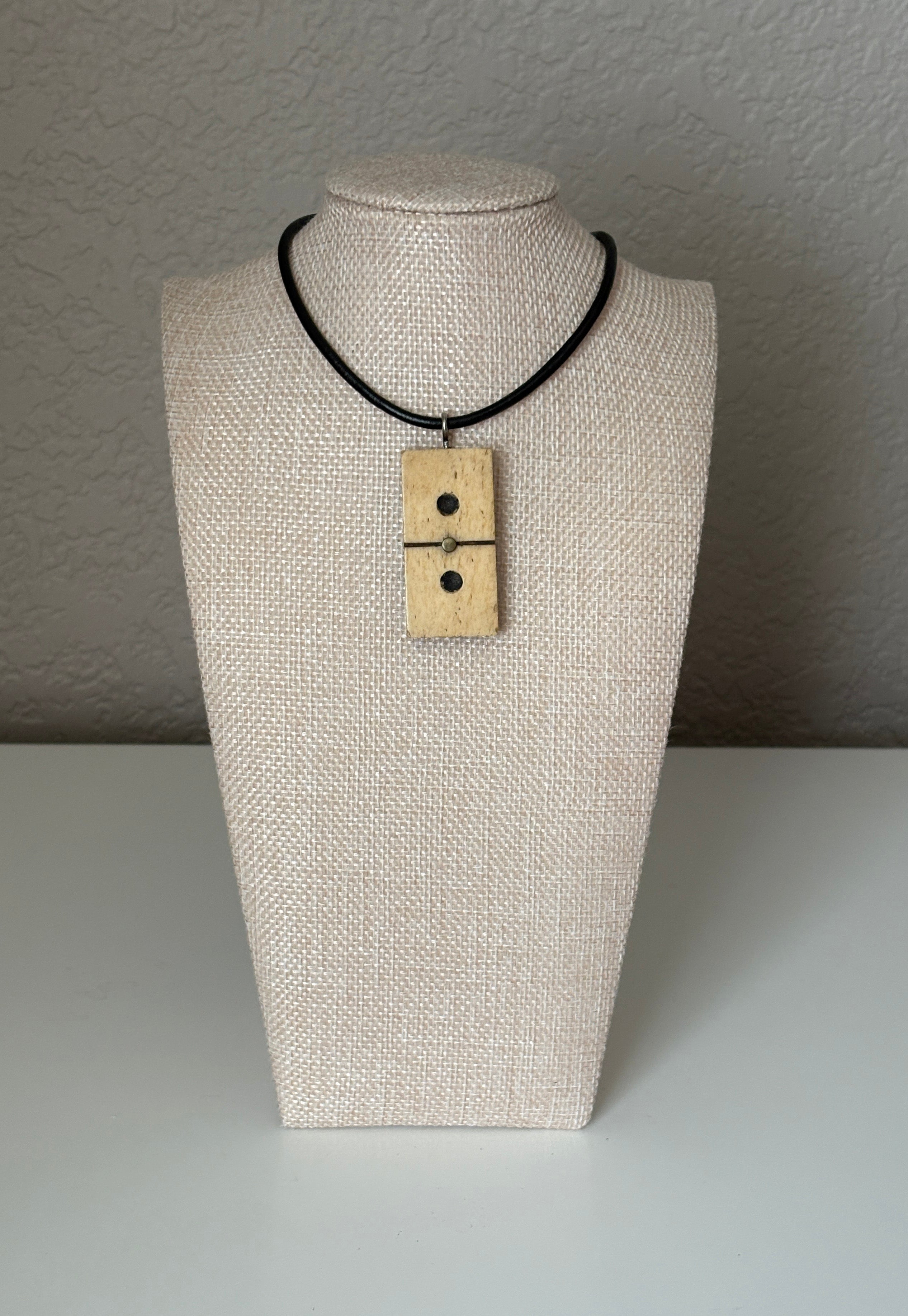 Series 10: Antique Domino as Pendant Necklace - Leather Cord, Sterling Silver Clasp