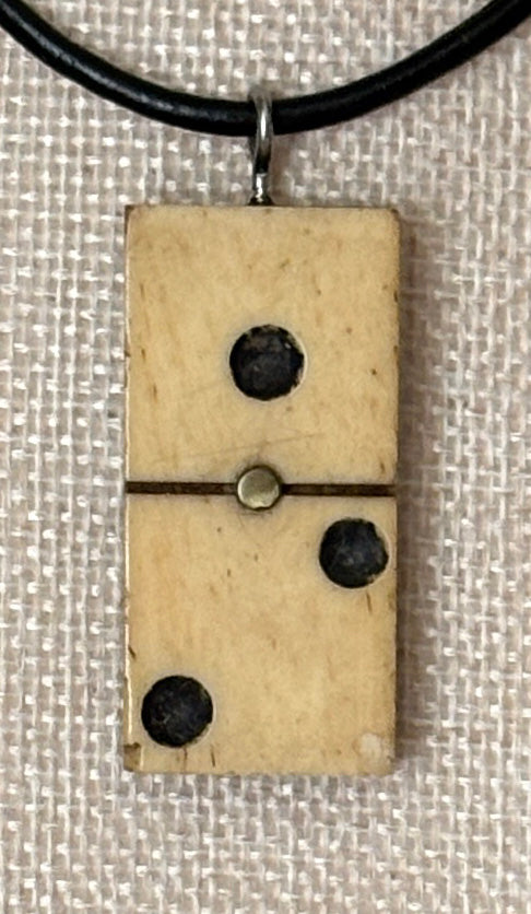 Series 10: Antique Domino as Pendant Necklace - Leather Cord, Sterling Silver Clasp
