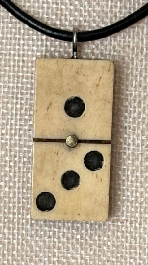 Series 10: Antique Domino as Pendant Necklace - Leather Cord, Sterling Silver Clasp