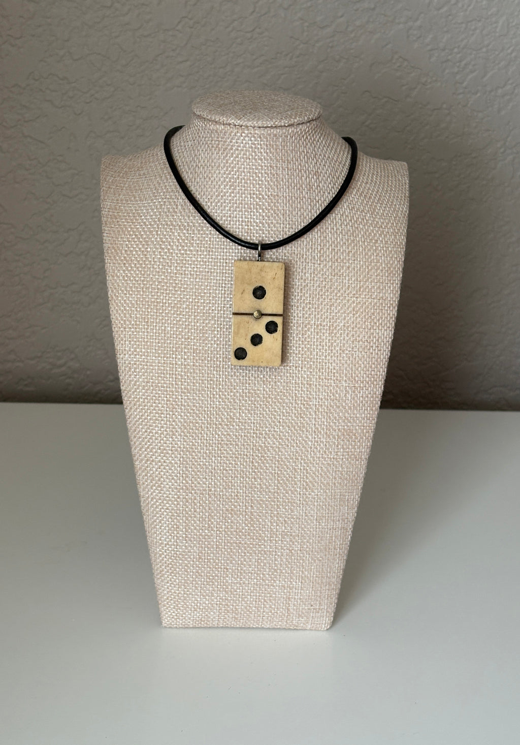 Series 10: Antique Domino as Pendant Necklace - Leather Cord, Sterling Silver Clasp