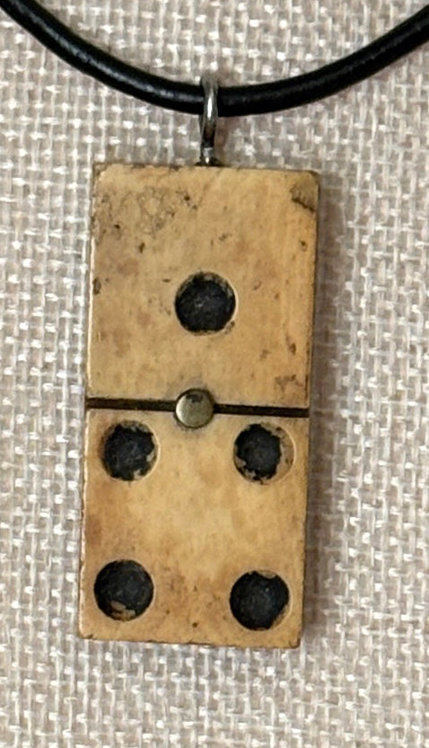 Series 10: Antique Domino as Pendant Necklace - Leather Cord, Sterling Silver Clasp
