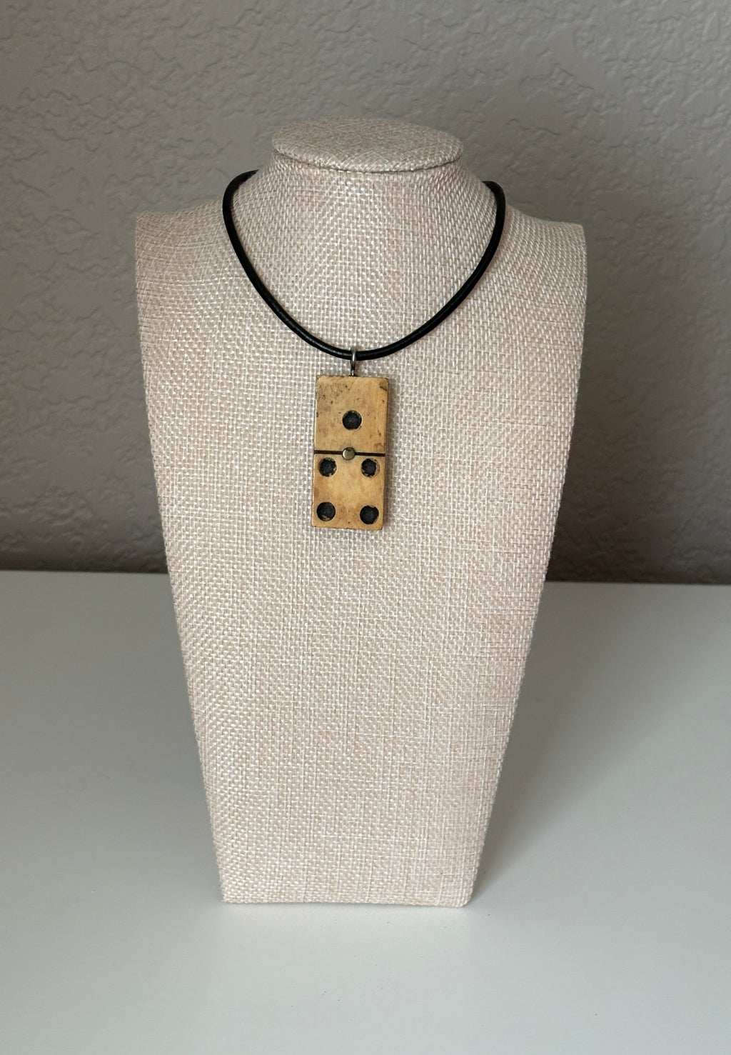 Series 10: Antique Domino as Pendant Necklace - Leather Cord, Sterling Silver Clasp