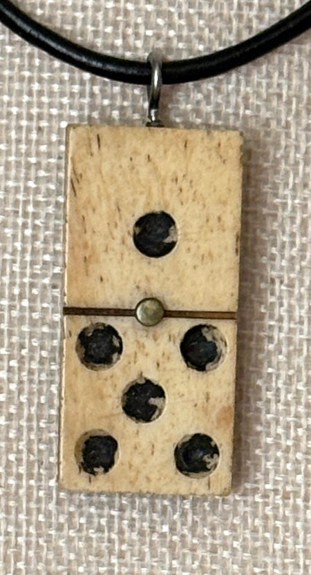 Series 10: Antique Domino as Pendant Necklace - Leather Cord, Sterling Silver Clasp