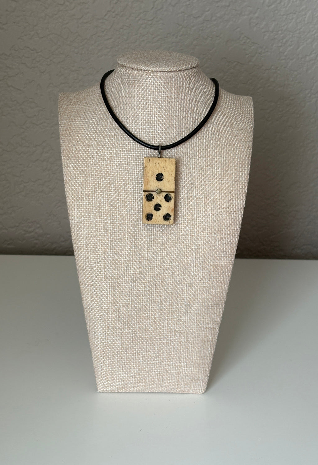 Series 10: Antique Domino as Pendant Necklace - Leather Cord, Sterling Silver Clasp