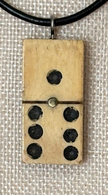 Series 10: Antique Domino as Pendant Necklace - Leather Cord, Sterling Silver Clasp