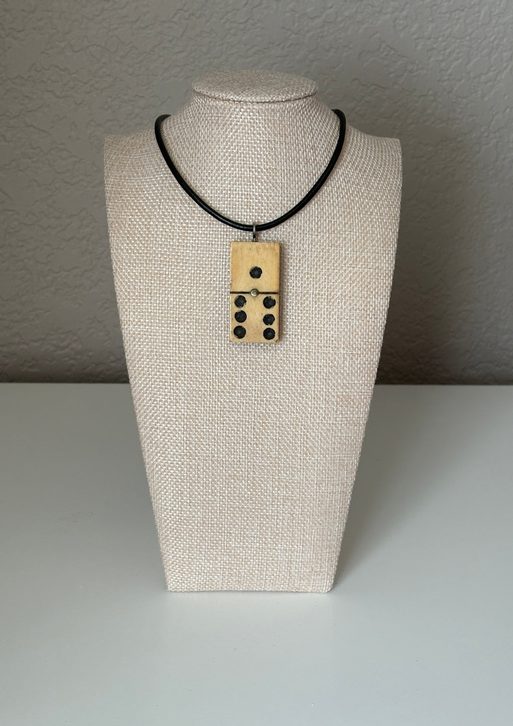 Series 10: Antique Domino as Pendant Necklace - Leather Cord, Sterling Silver Clasp