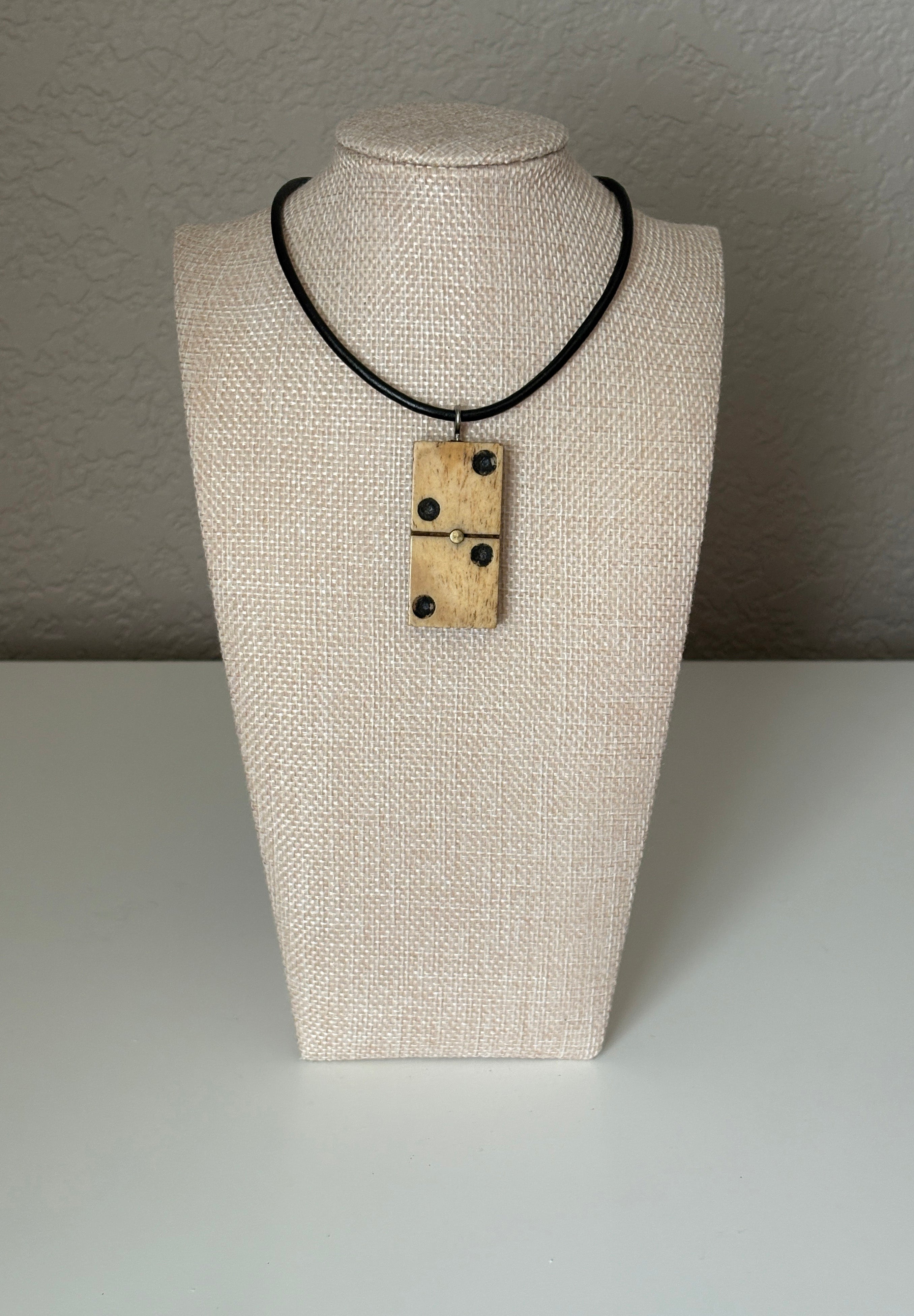 Series 10: Antique Domino as Pendant Necklace - Leather Cord, Sterling Silver Clasp