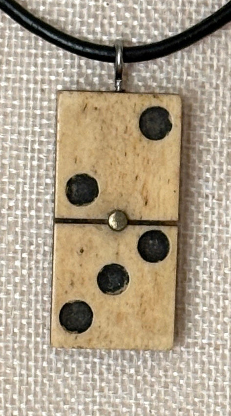 Series 10: Antique Domino as Pendant Necklace - Leather Cord, Sterling Silver Clasp