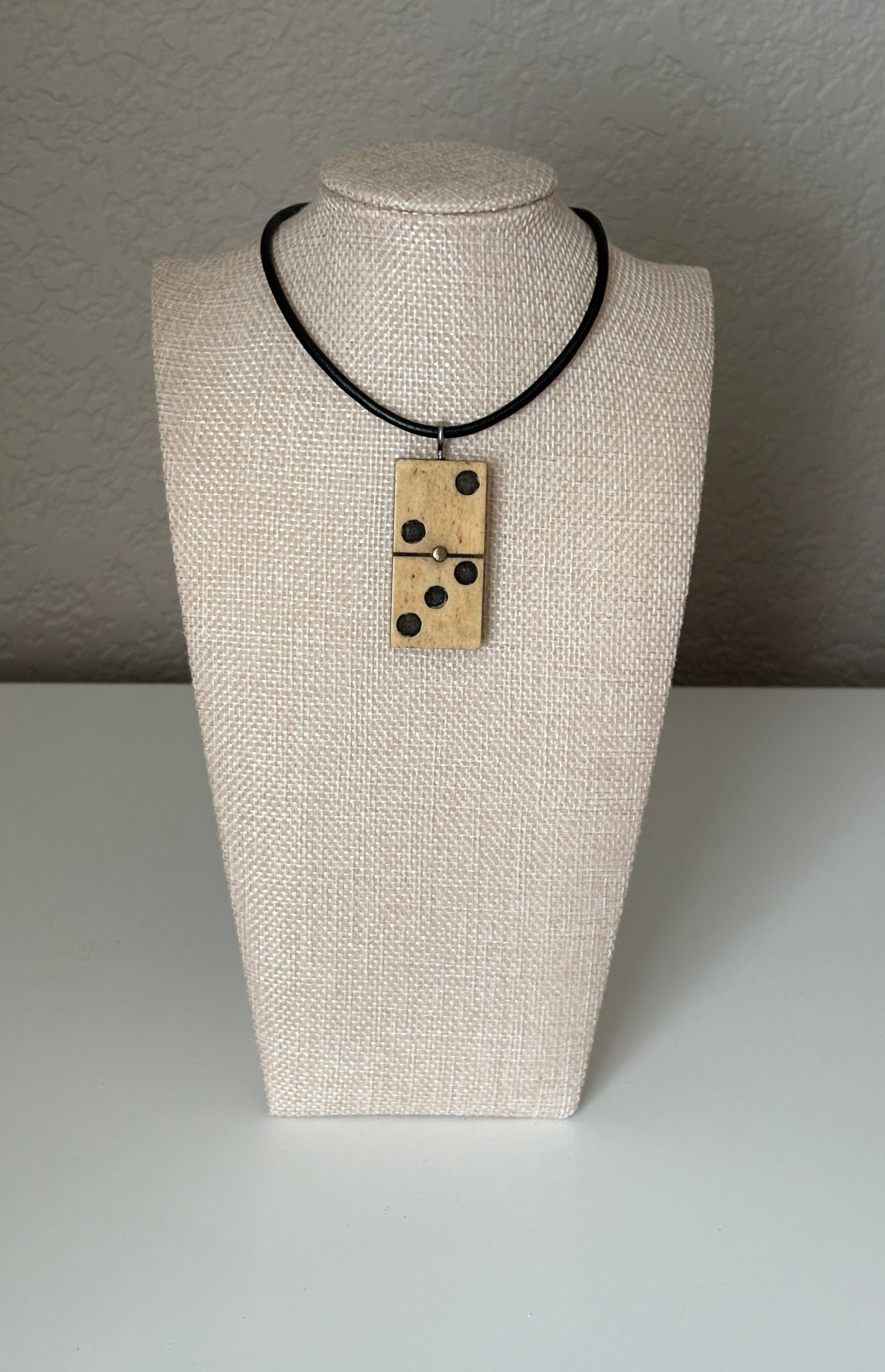 Series 10: Antique Domino as Pendant Necklace - Leather Cord, Sterling Silver Clasp