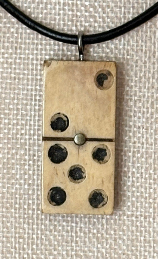 Series 10: Antique Domino as Pendant Necklace - Leather Cord, Sterling Silver Clasp