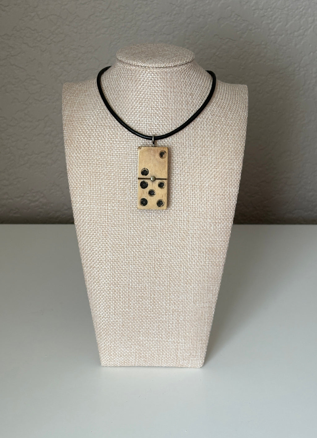 Series 10: Antique Domino as Pendant Necklace - Leather Cord, Sterling Silver Clasp