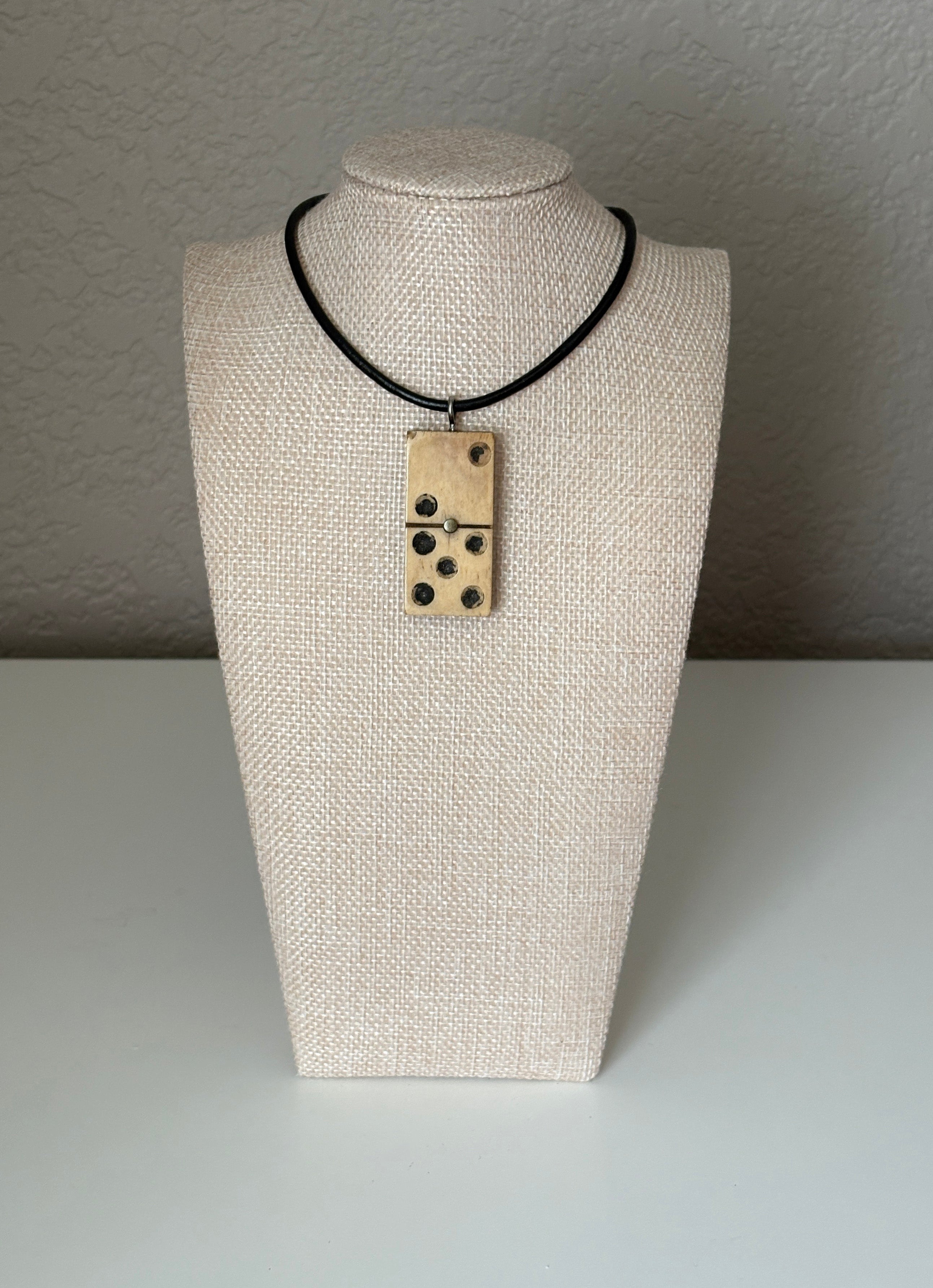 Series 10: Antique Domino as Pendant Necklace - Leather Cord, Sterling Silver Clasp