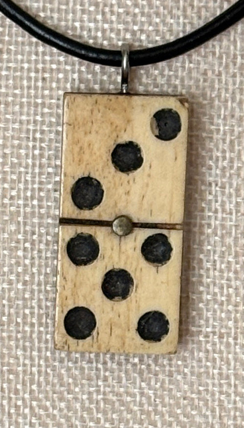 Series 10: Antique Domino as Pendant Necklace - Leather Cord, Sterling Silver Clasp