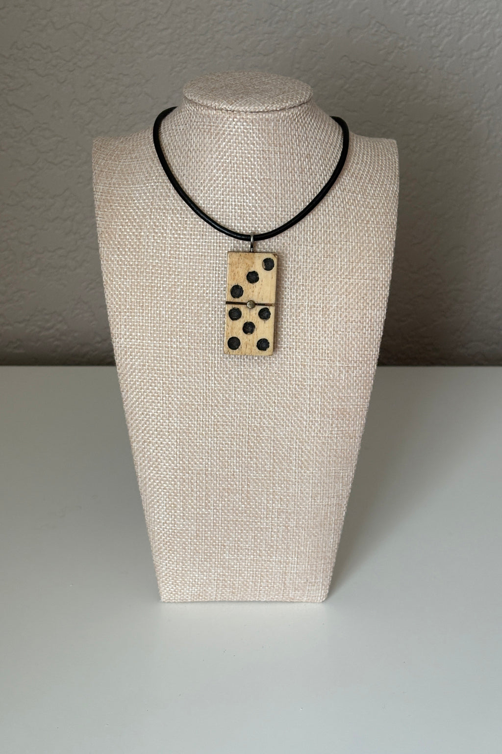 Series 10: Antique Domino as Pendant Necklace - Leather Cord, Sterling Silver Clasp