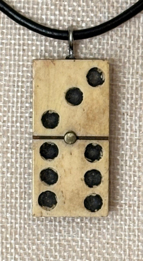 Series 10: Antique Domino as Pendant Necklace - Leather Cord, Sterling Silver Clasp
