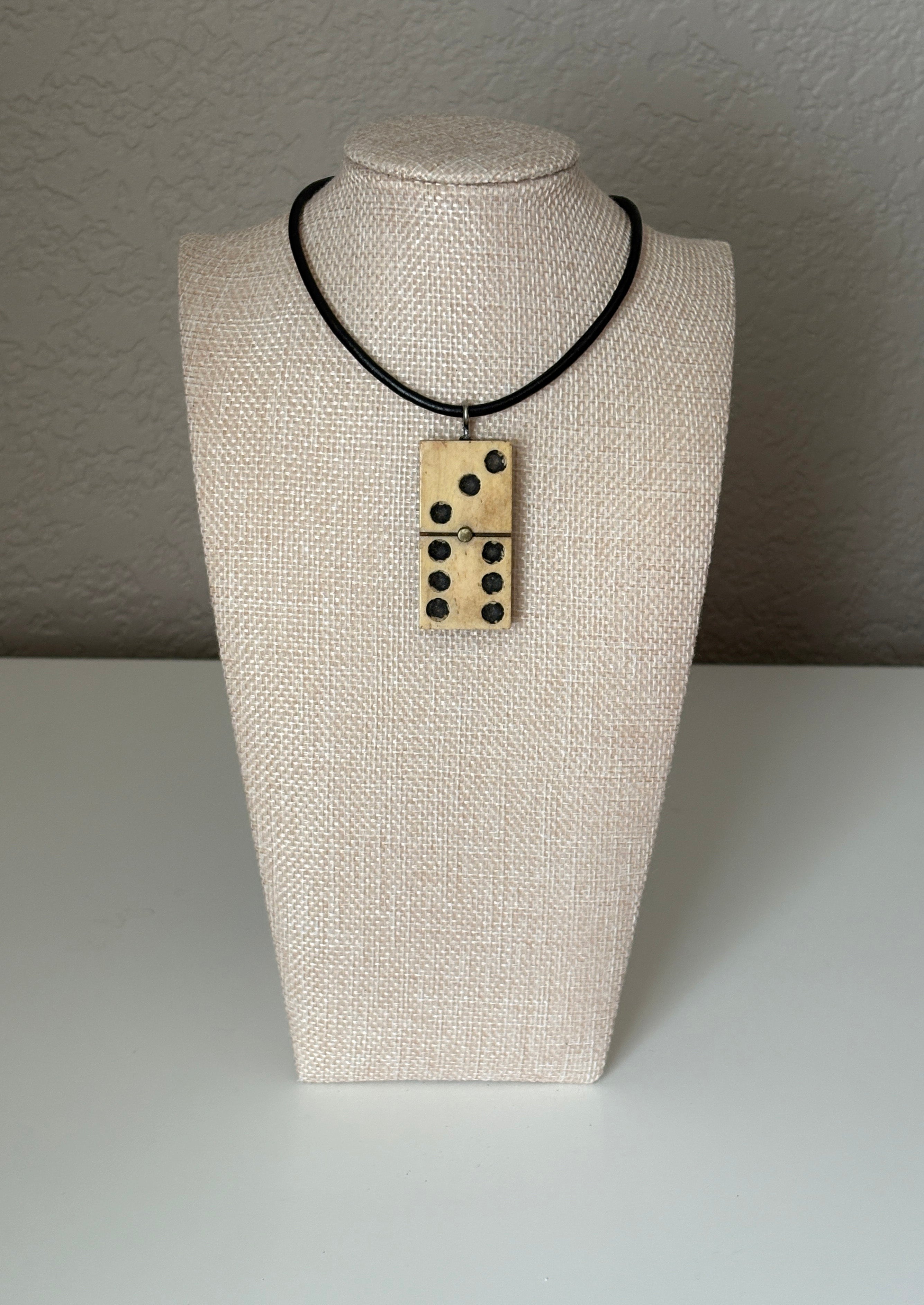 Series 10: Antique Domino as Pendant Necklace - Leather Cord, Sterling Silver Clasp