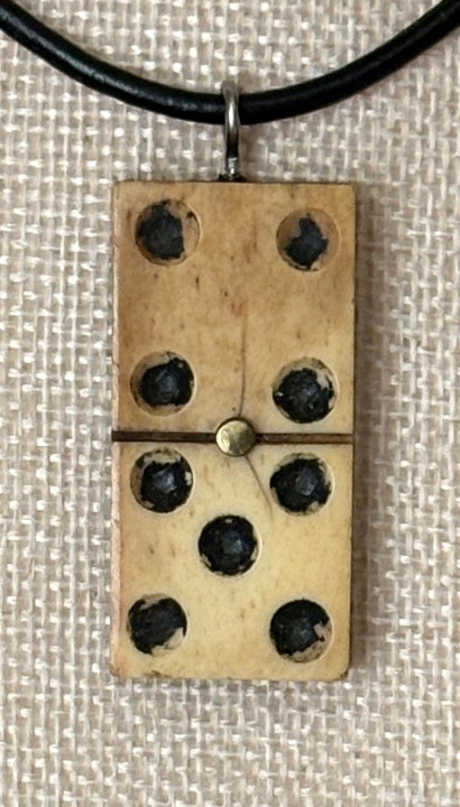Series 10: Antique Domino as Pendant Necklace - Leather Cord, Sterling Silver Clasp