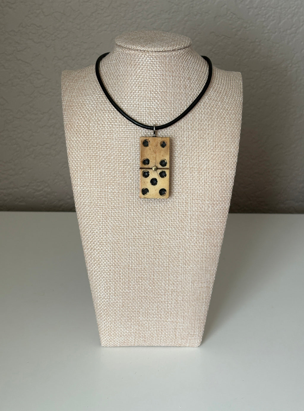 Series 10: Antique Domino as Pendant Necklace - Leather Cord, Sterling Silver Clasp