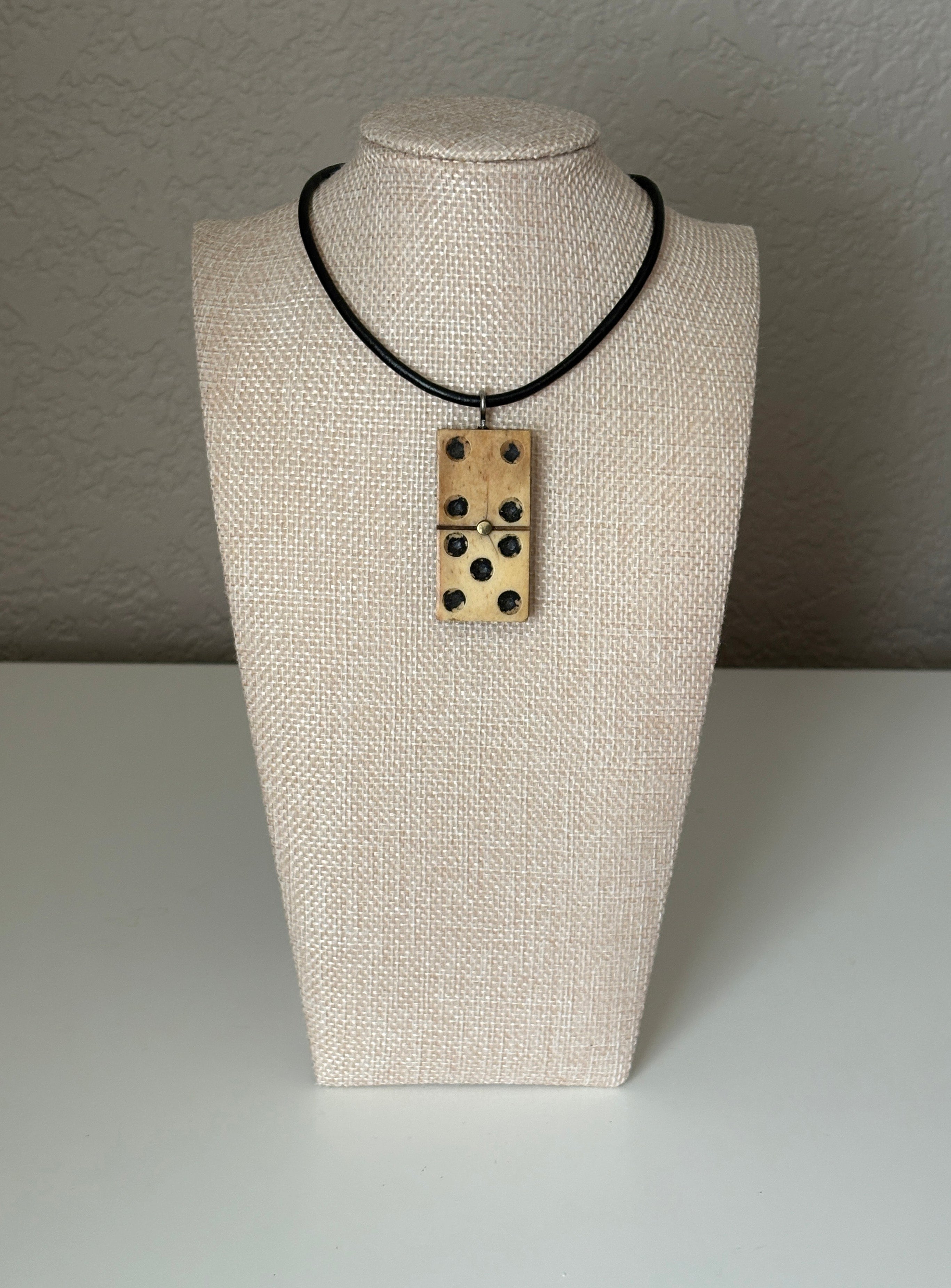 Series 10: Antique Domino as Pendant Necklace - Leather Cord, Sterling Silver Clasp