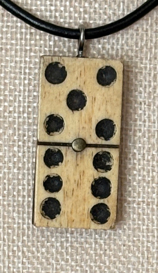 Series 10: Antique Domino as Pendant Necklace - Leather Cord, Sterling Silver Clasp
