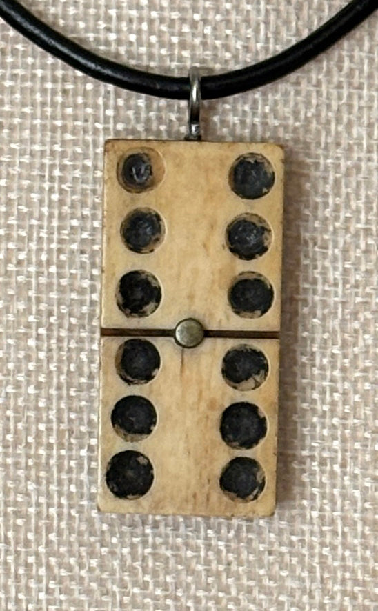 Series 10: Antique Domino as Pendant Necklace - Leather Cord, Sterling Silver Clasp
